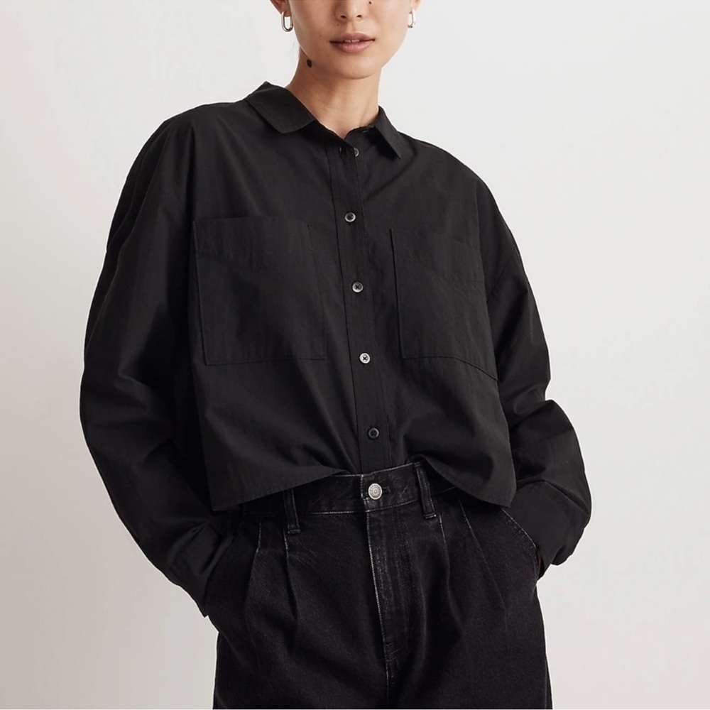 Madewell signature poplin crop shirt black size small